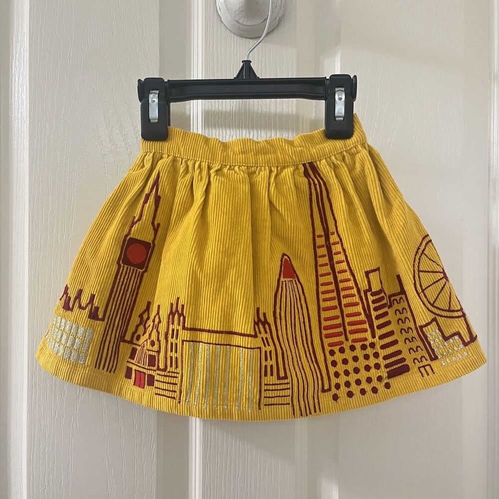 Piccolina Embroidered London Skyline Corduroy Skirt Yellow Girls Size 2T